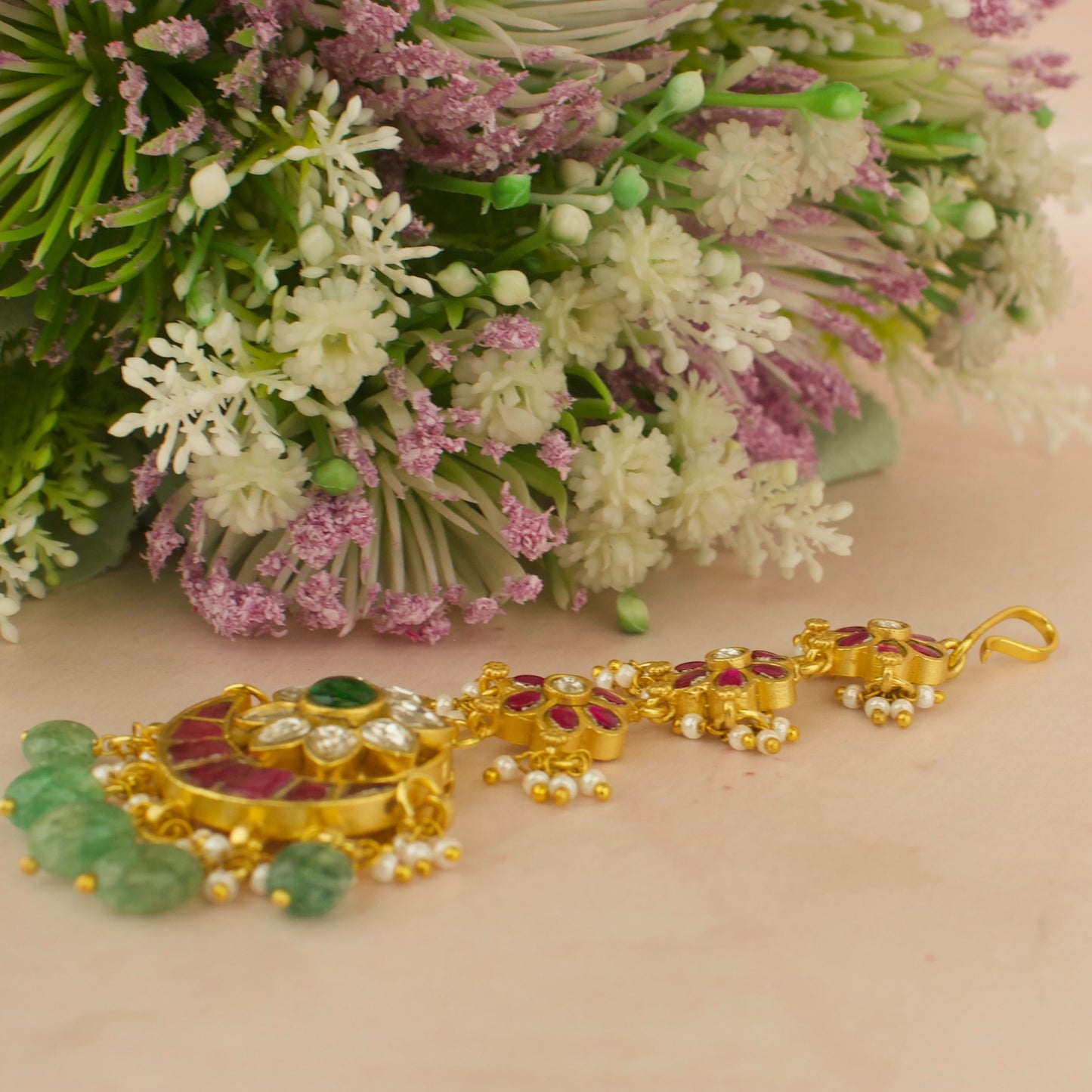 Floral Chandbali Design Jadau Kundan Long Maangtika with Green Beads