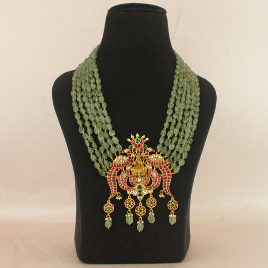 Peacock Lakshmi Devi Design Jadau Kundan Beads Necklace with beads