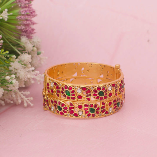 Designer Jadau Kundan Bangles With Floral Motif And Multi-Stone Work