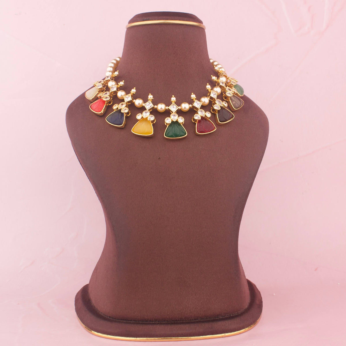 Multicolor Jadau Kundan Necklace Set With Green Earrings