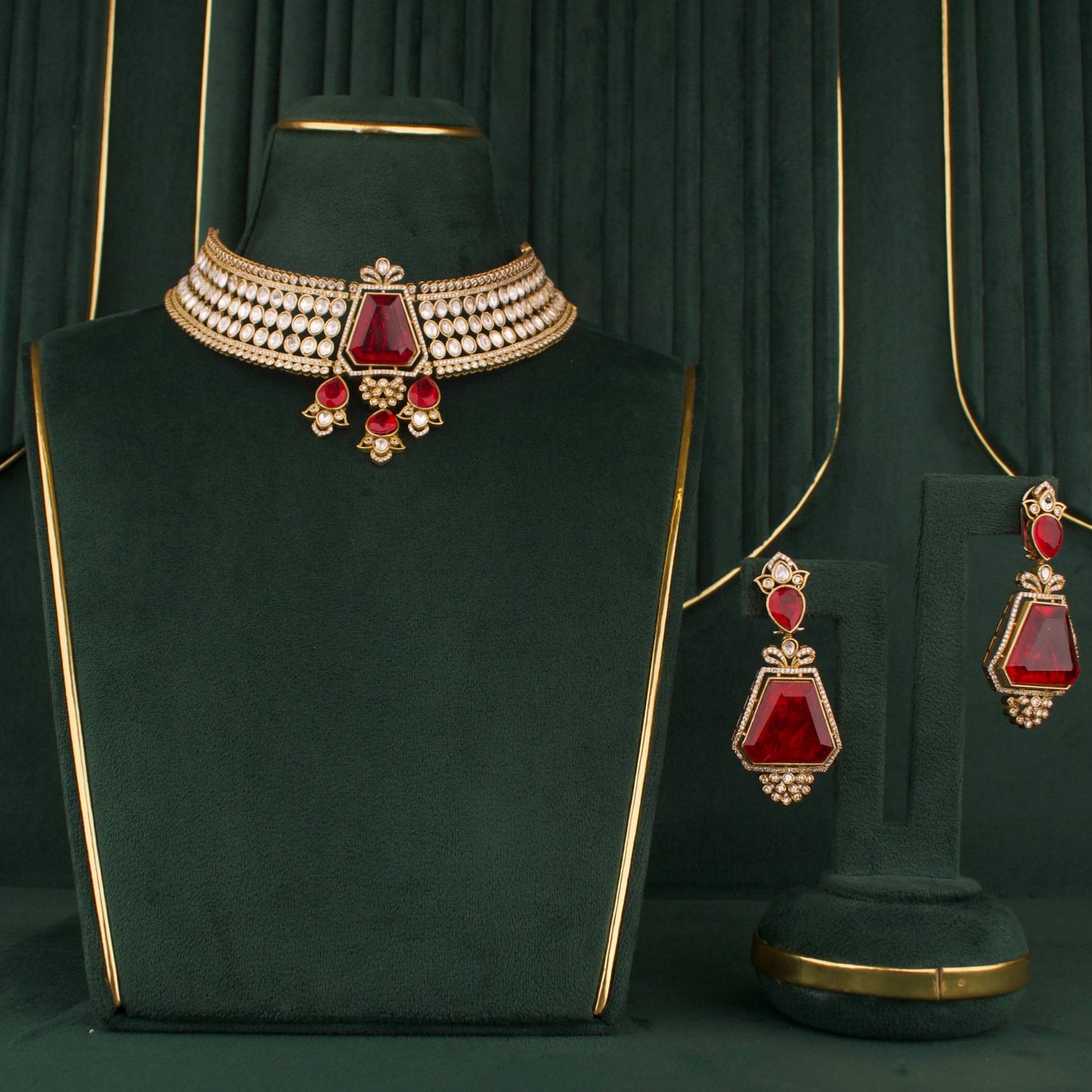 Sleek Victorian Polki Full Neck Choker Set With Matching Earrings