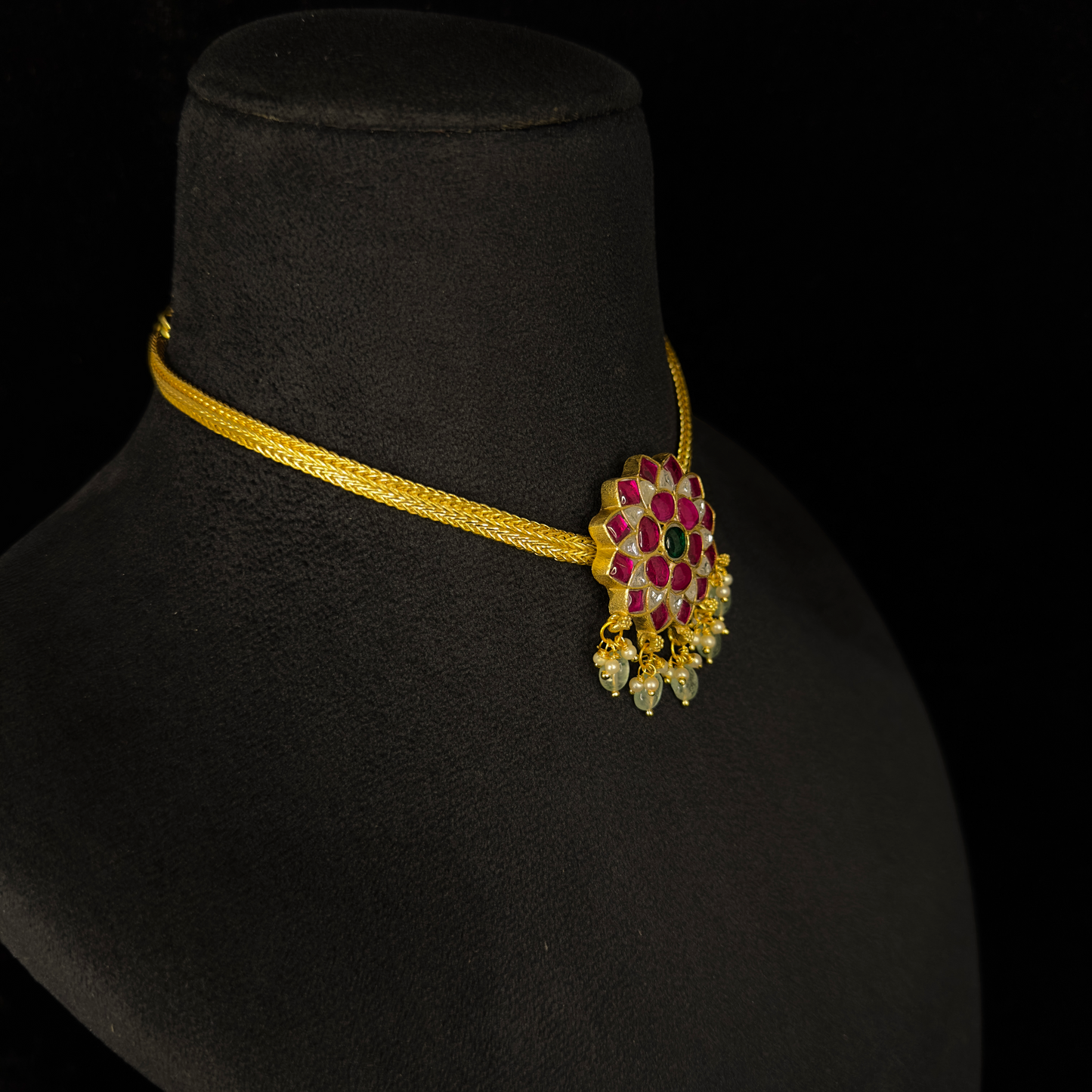 Floral Jadau Kundan Chain Pendant Necklace with Green Drops