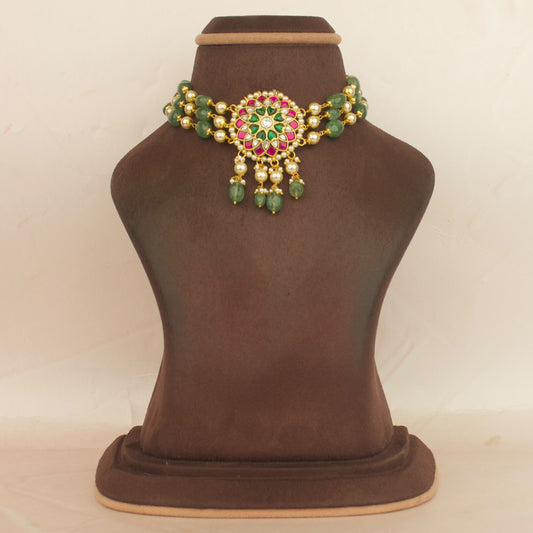 Flower Design Jadau Kundan Choker With Pearl & Beads Chain