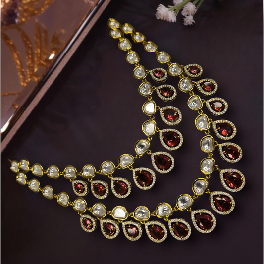 Victorian Two-Step Kundan Necklace Set with Drop AD stones, and kundan polki stones, including matching earrings. This Victorian Jewellery is available in Red, Green & Purple colour variants. 