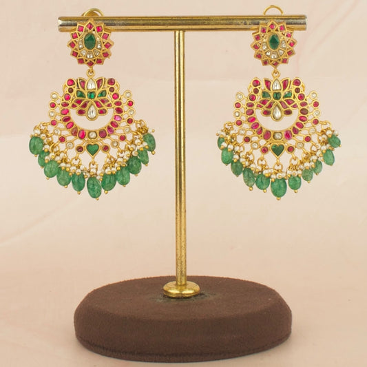 Impressive Floral Design Jadau Kundan Chand Bali with Green Beads