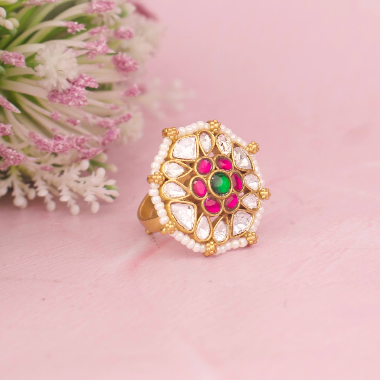 Classic Floral Kundan Ring With Pearl Bordering