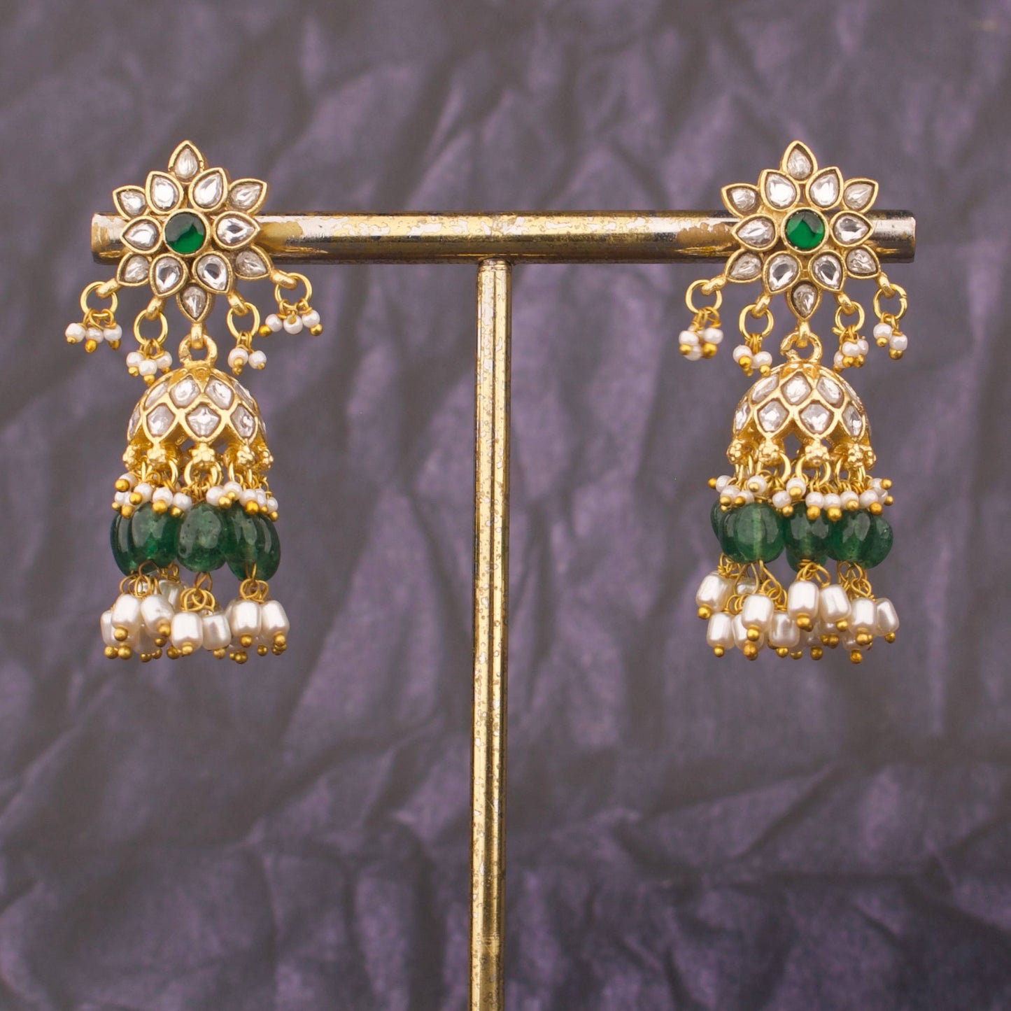 Floral Studded Jadau Kundan Jhumki With Pearl Hangings
