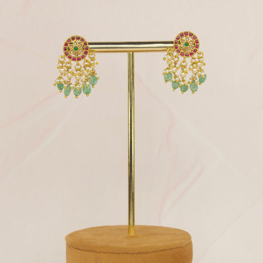 Gold Plated Jadau Kundan Round Stud Earrings with Beads & Pearl Drops with 22k gold plating. This Product belongs to Jadau Kundan jewellery Category