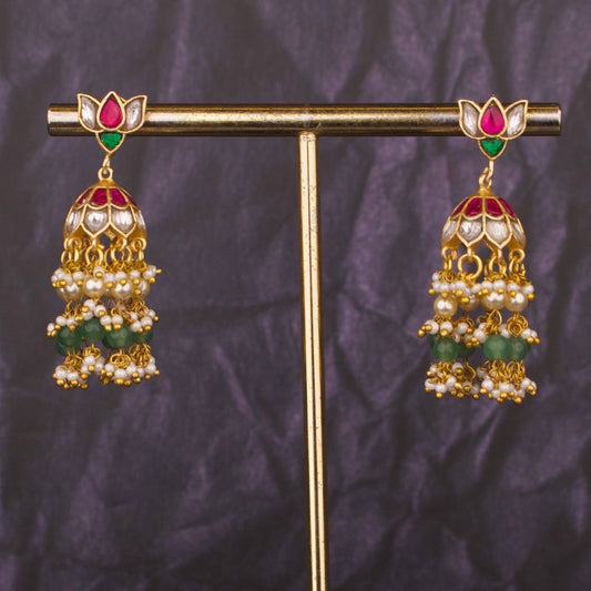 Sleek Lotus Studded Jadau Kundsn Jhumki With Guttapusalu Hangings
