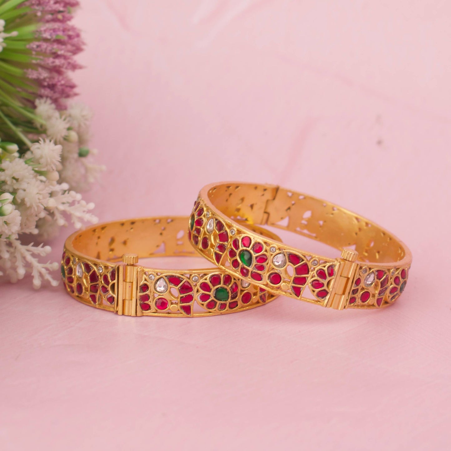 Designer Jadau Kundan Bangles With Floral Motif And Multi-Stone Work