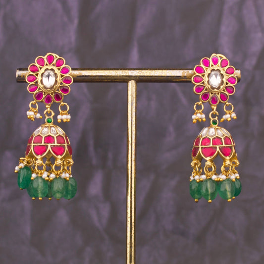 Graceful Jadau Kundan Jhumka Earrings With Emerald Beads