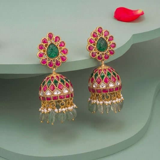 Impressive Design Jadau Kundan Jhumki with Green Beads