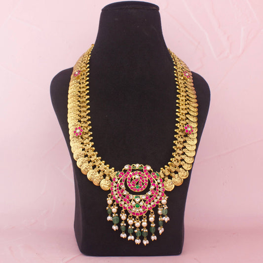 Majestic Coin Haram With Jadau Kundan Pendant And Green Drops