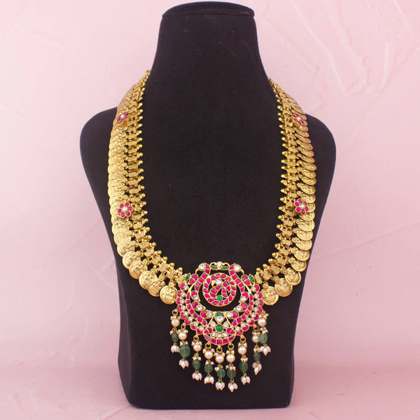 Majestic Coin Haram With Jadau Kundan Pendant And Green Drops