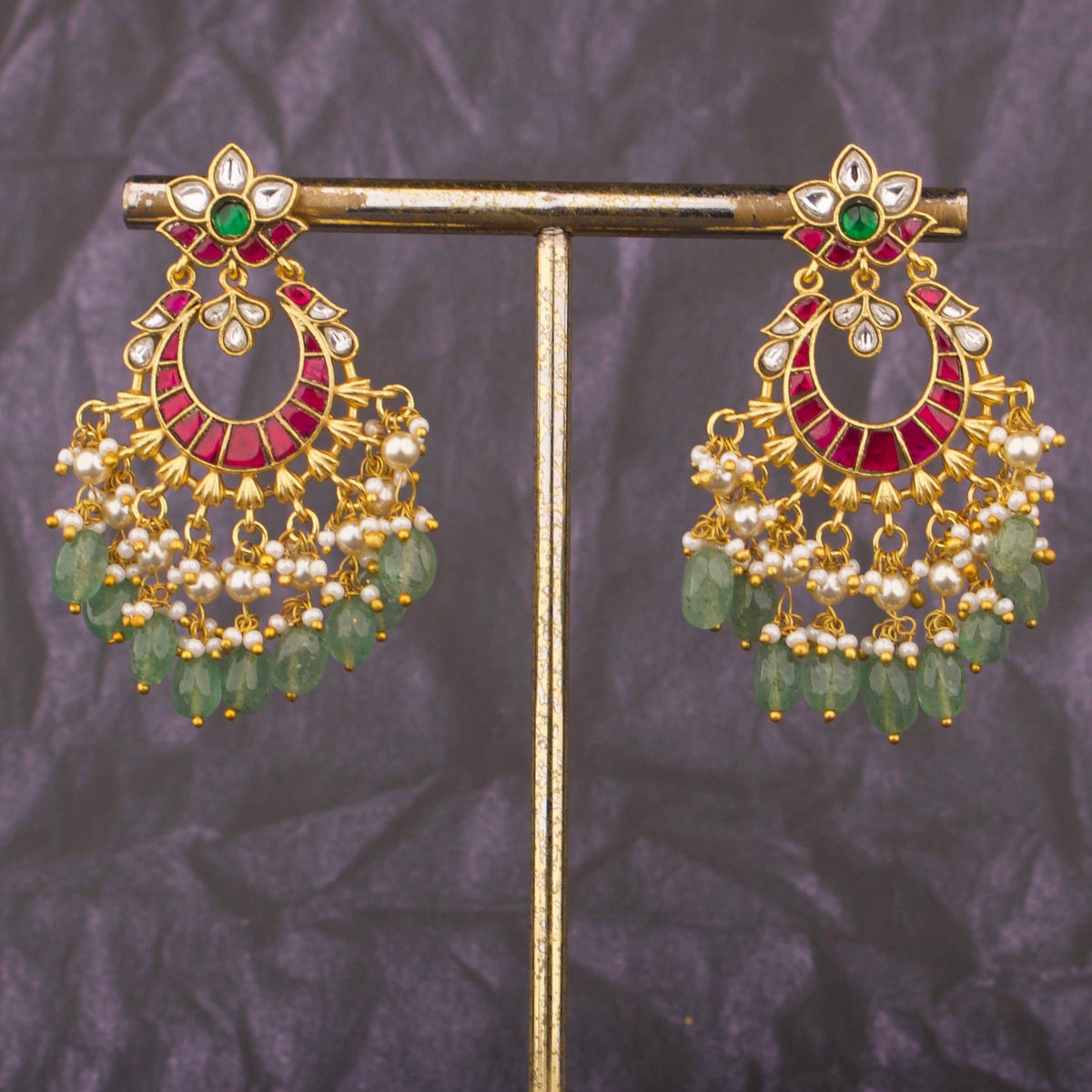 Classic Chandbali Earrings With Green Bead Hangings