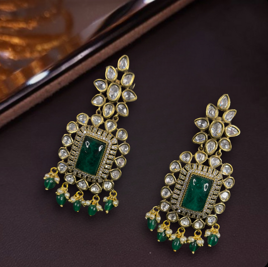 Traditional Victorian Polki Earrings with pearls and beads. This Victorian Jewellery is available in dark green, mint and purple colour