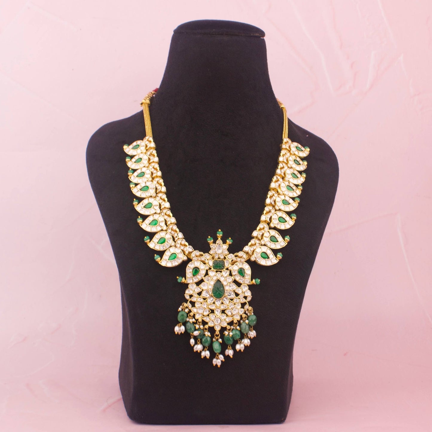 Regal Moissanite Polki Mangi Necklace With Guttapusalu Hangings - Premium Indian Ethnic Jewelry | Dulhan Jewels