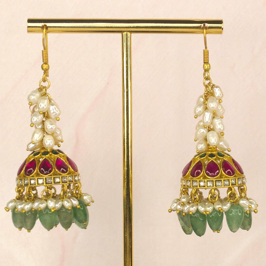 Alluring Hook Jadau Kundan Jhumkas with rice pearls and Beads