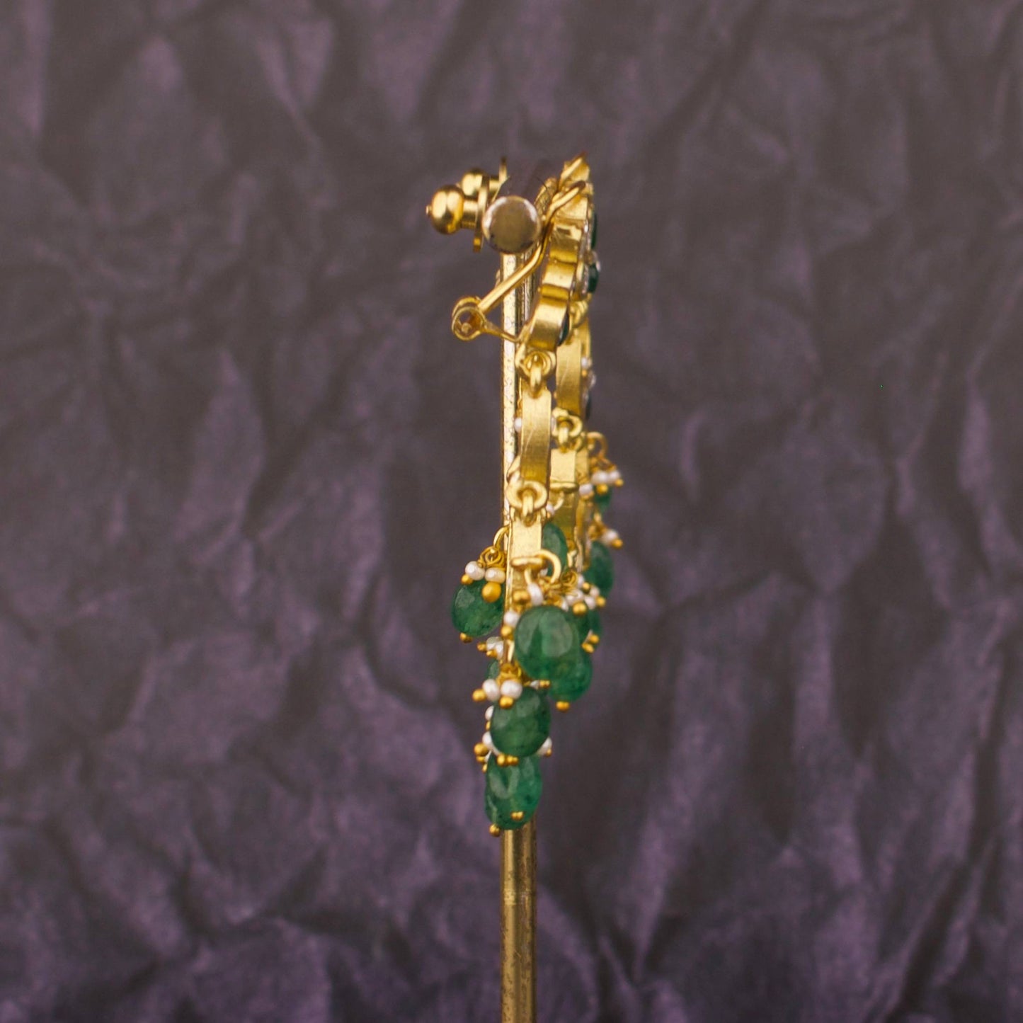 Gold Finish Jadau Kundan Chandbali Earrings With Emerald Drops