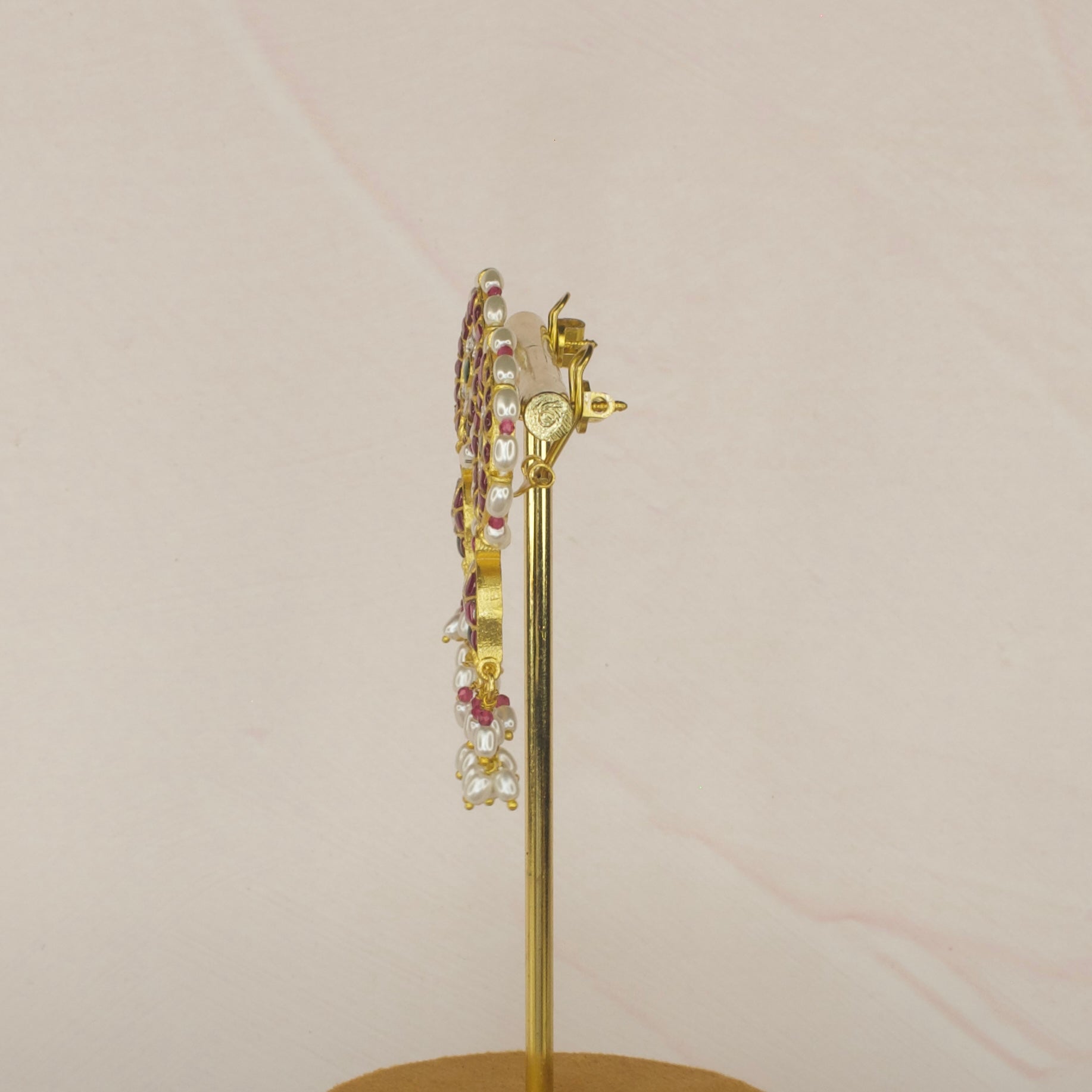 Floral Jadau Kundan Earrings with Rice Pearls with 22k gold plating. This product belongs to Jadau Kundan Jewellery category