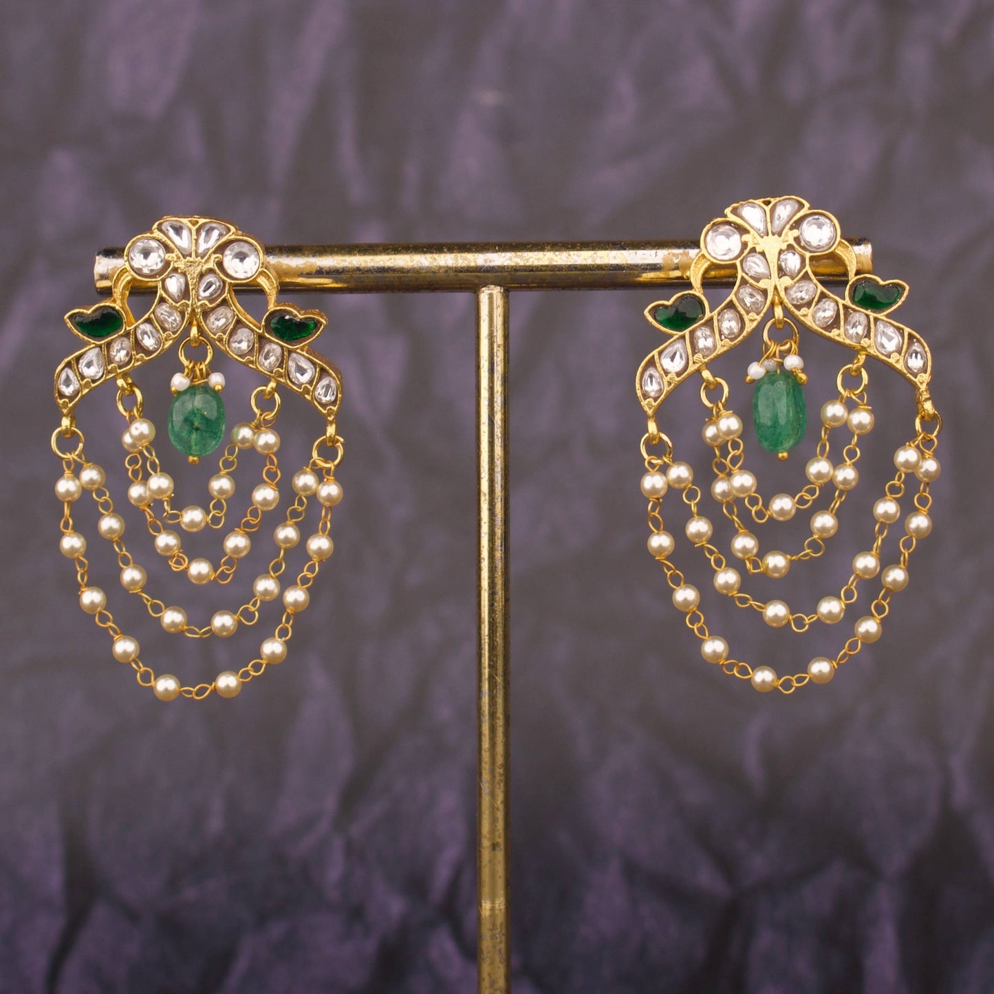Jadau Kundan Stud Earrings With Multi-Layer Pearl Chains
