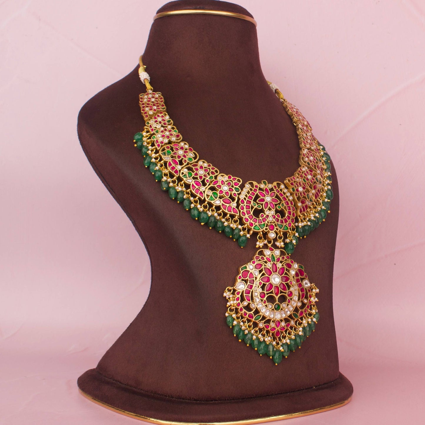 Traditional  Jadau Kundan Necklace In 22C Gold Plating With Beads Hangings
