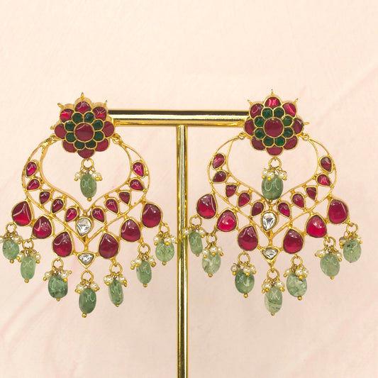 Elegant Flower topped Jadau Kundan Chandbali with Russian beads