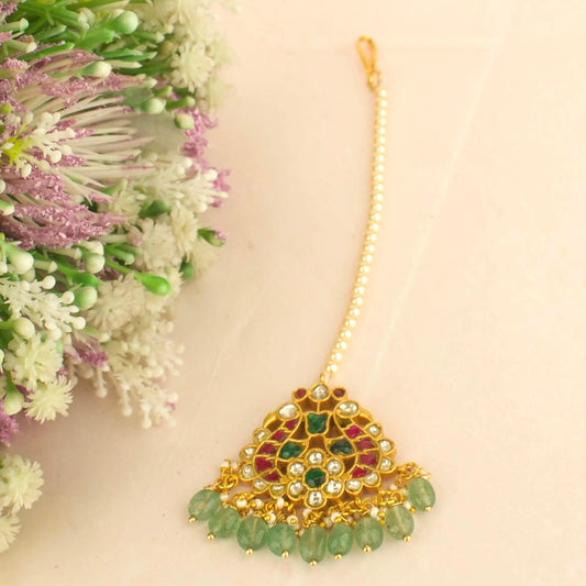 Floral Peacock Design Jadau Kundan Long Maang Tikka with Swarovski chain
