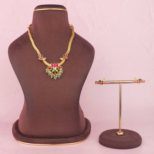 Designer Nantad Necklace Set With Green Beads And Matching Studs
