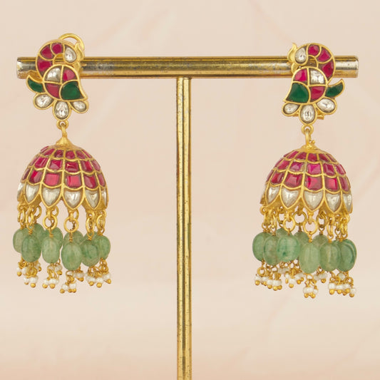 Peacock Design Studded Jadau Kundan Jhumki with Beads