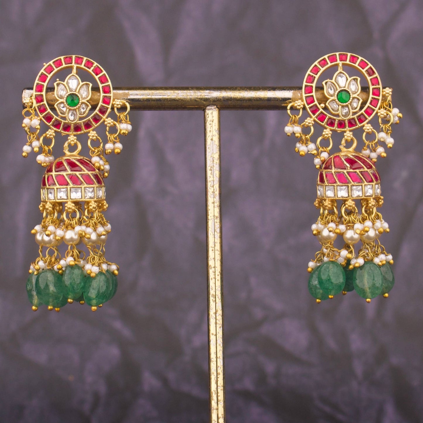 Ethnic Jadau Kundan Jhumki Earrings With Green Bead Tassels