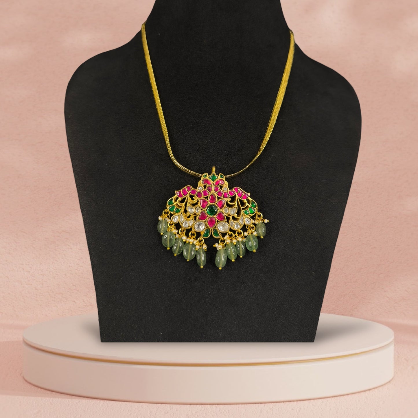 Opulent Jadau Kundan Chain Pendant Necklace with Green Bead Drops with 22k gold plating This Product Belongs to Jadau Kundan Jewellery Category