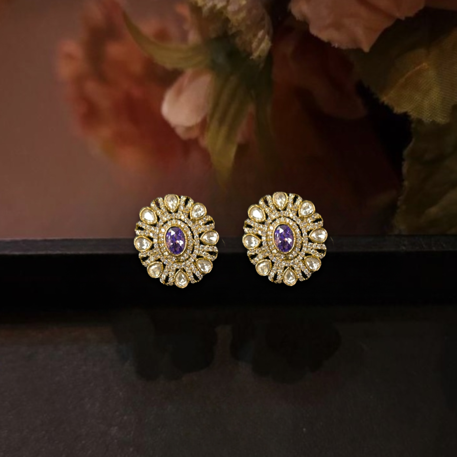 Antique-gold Victorian polki Stud earrings with zircon in pushback style. This Victorian Jewellery Is available in Red & Purple colour varaiants. 