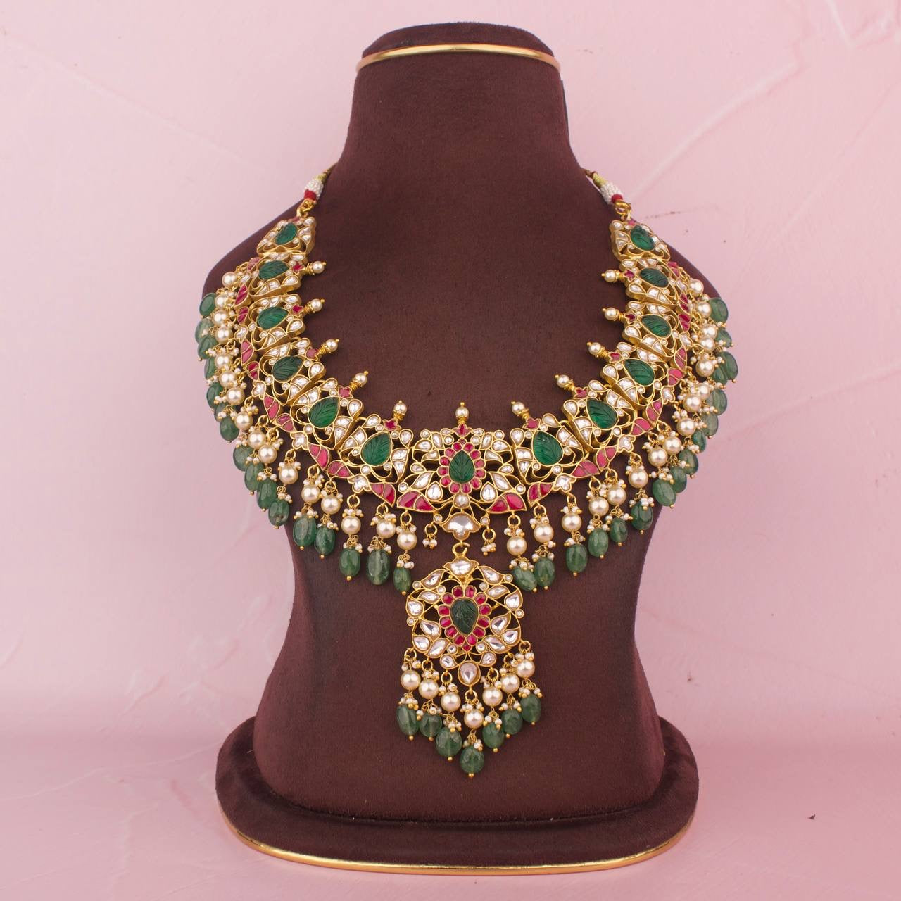 Bridal Jadau Kundan Necklace With Pearl & Beads Hangings
