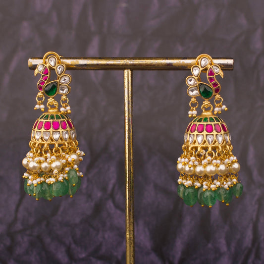 Peacock Motif Jadau Kundan Jhumka Earrings With Guttapusalu Hangings
