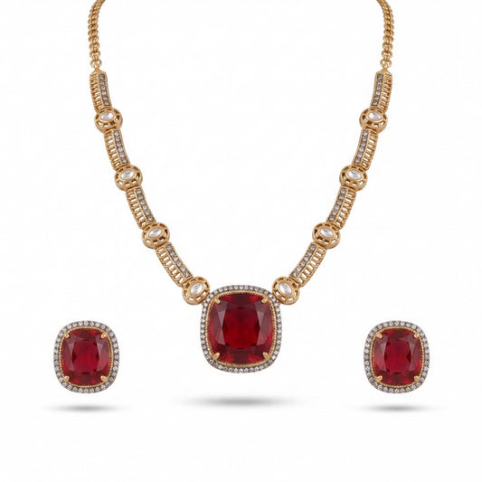 Premium gold Polki Sleek Victorian Short Necklace With Earrings adorned with ruby stones,