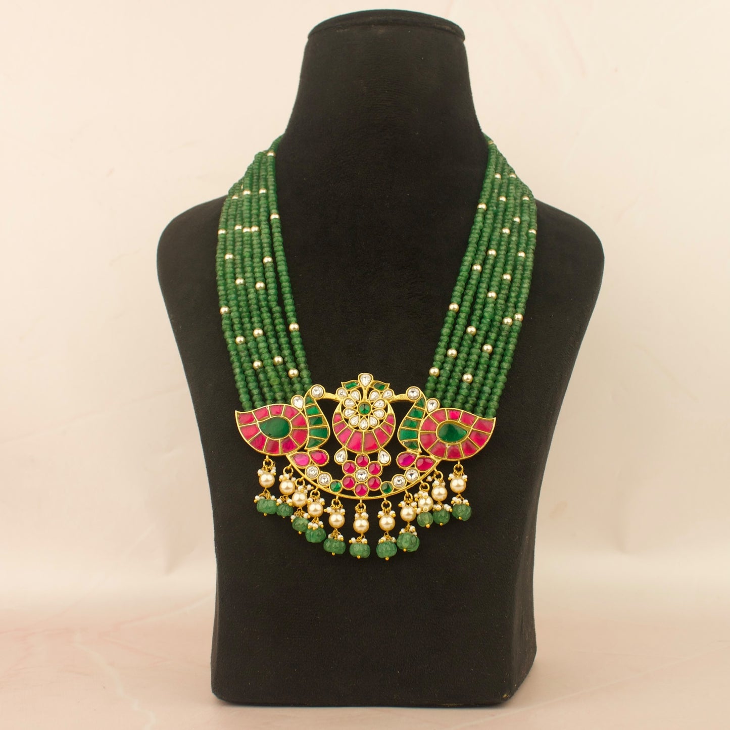 Jadau Kundan Bead Mala peacock Locket