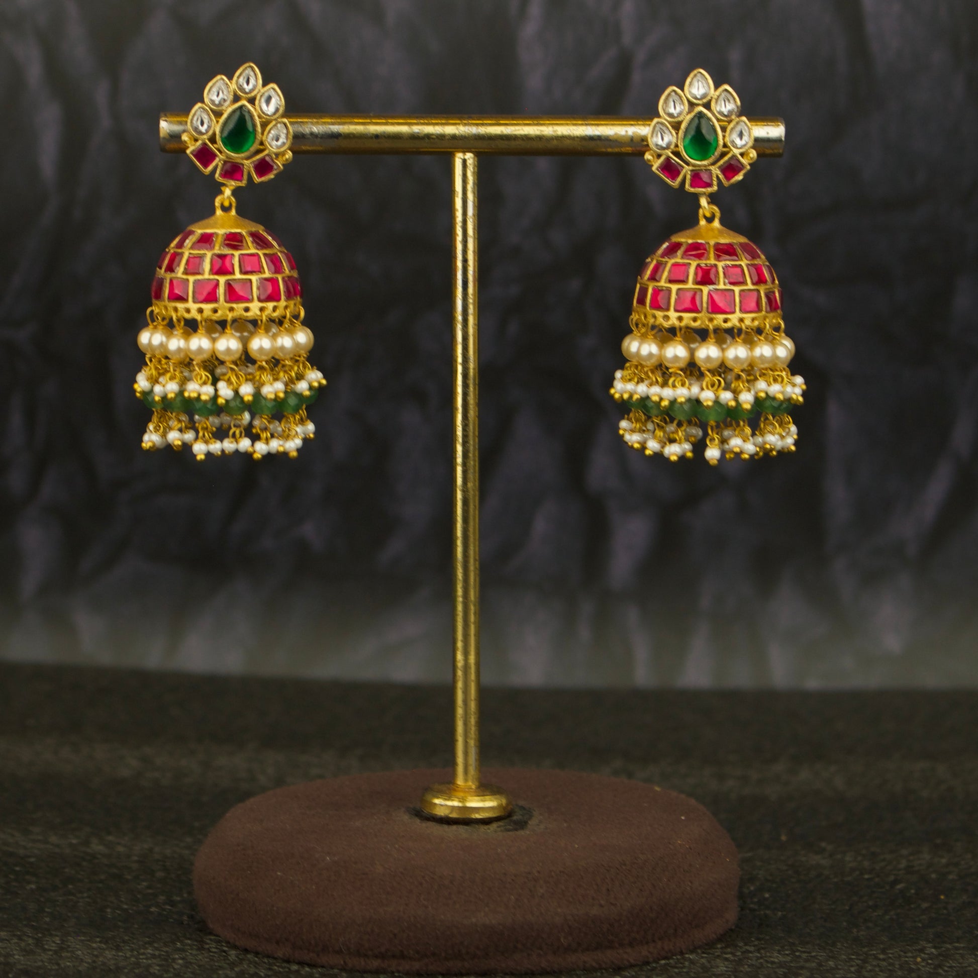 Gold Style Jadau Kundan Jhumki Earrings With Guttapusalu Hangings