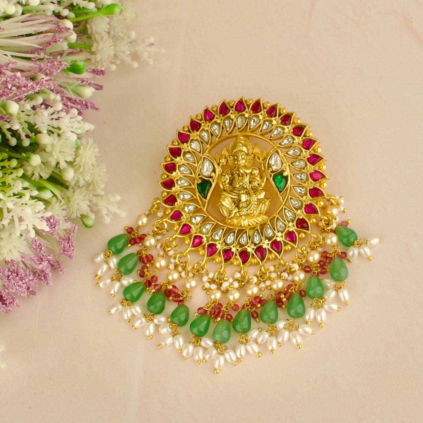 Ganesh Design Jadau Kundan Locket in Gold Style with Beads