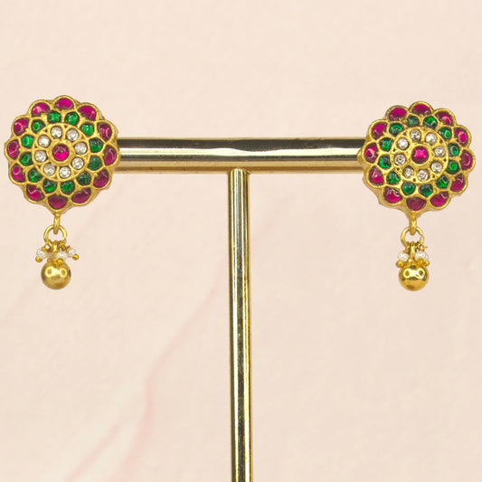 Gold Plated Round Kundan Stud Earrings with beads