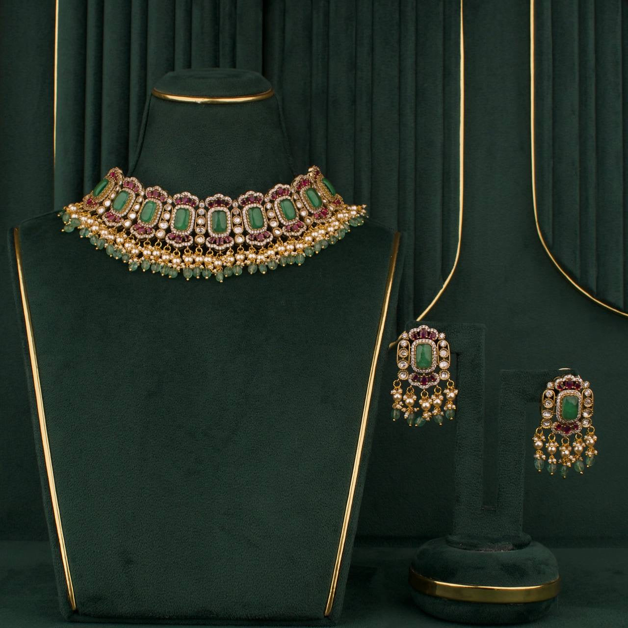 Designer Victorian Polki Fusion Chokers With Matching Earrings