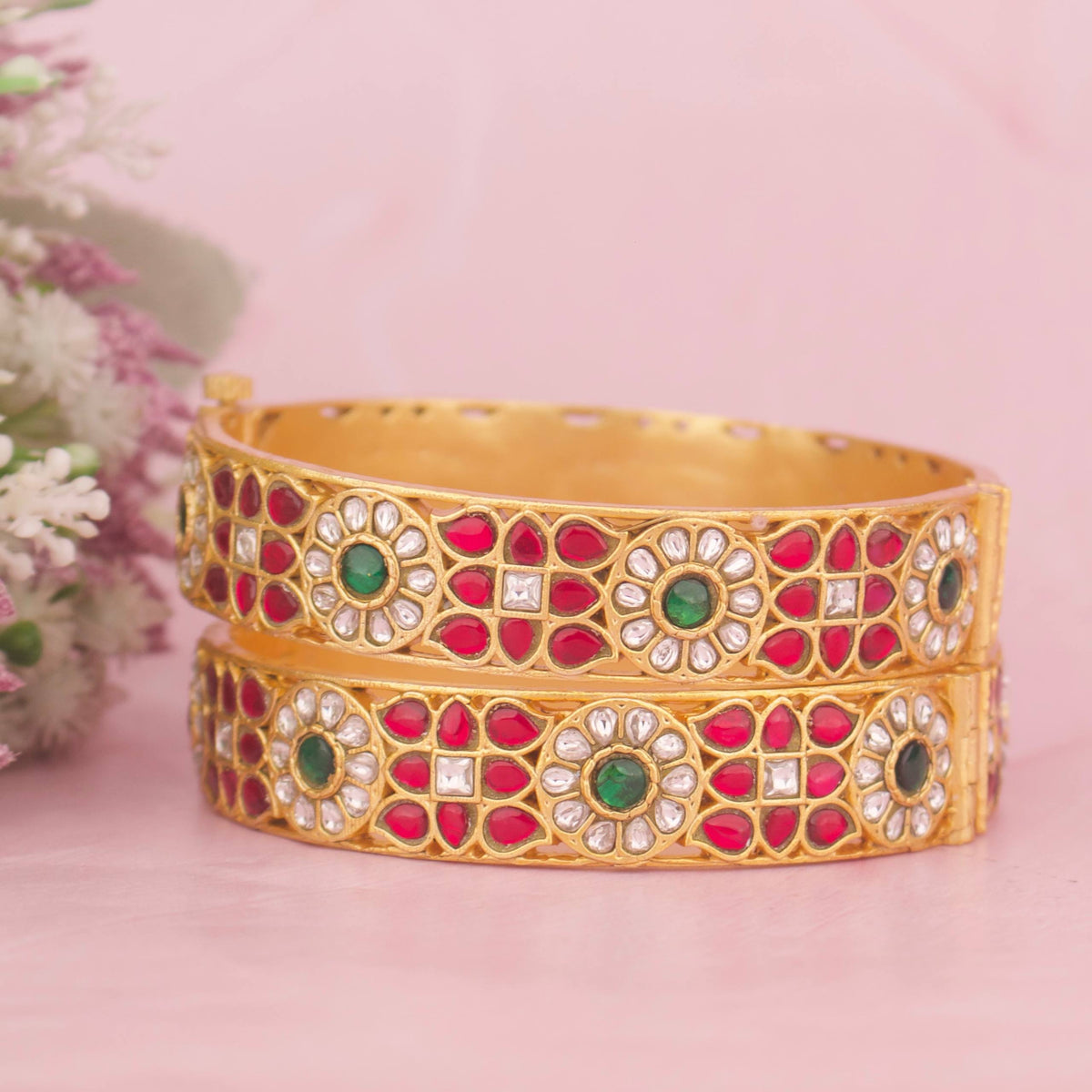 Gold Style Jadau Kundan Bangles With Floral Design Close-up Design & Gemstone Detailing - Dulhan Jewels