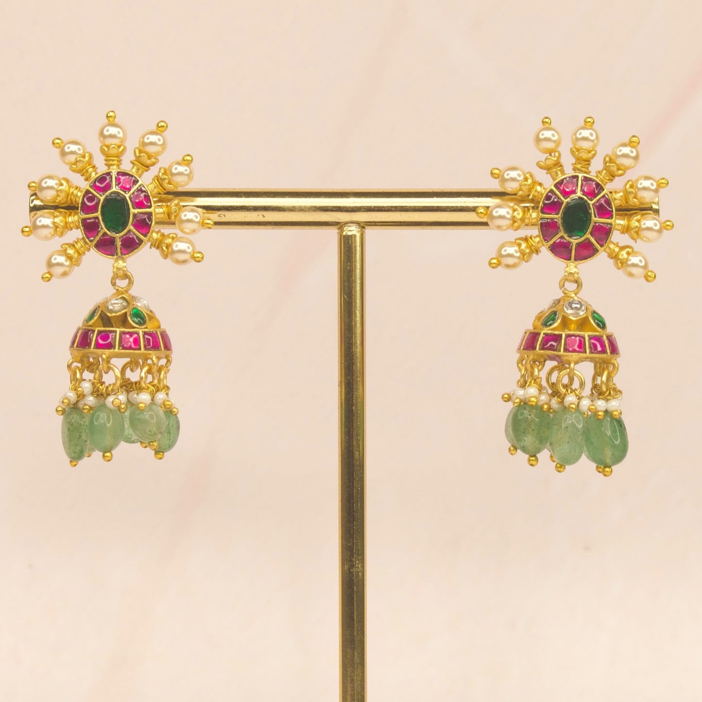 Pearl bordering Jadau Kundan Stud Jhumka Earrings