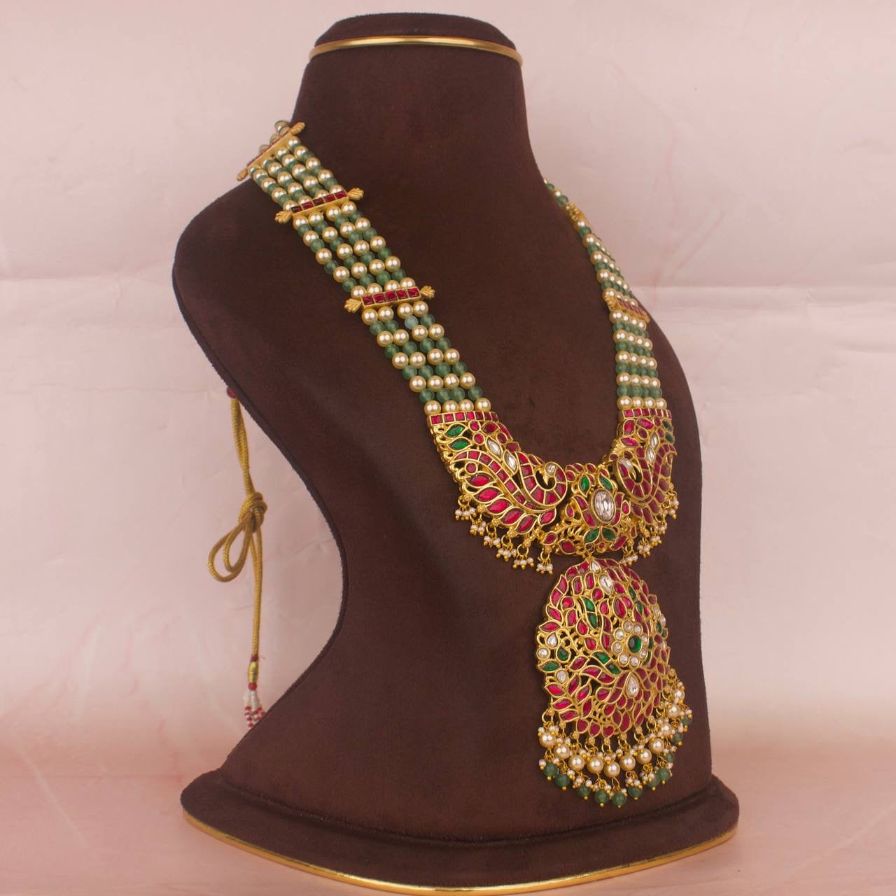 Bridal Jadau Kundan Beads Mala With Kundan Side Lockets