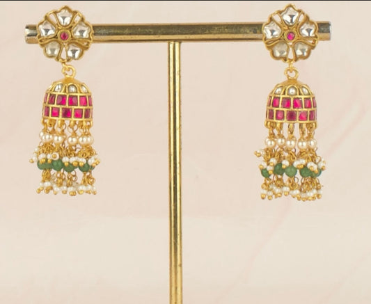Gold Style Floral Design Studded Jadau Kundan Jhumki with Beads Hanging - DULHAN JEWELS
