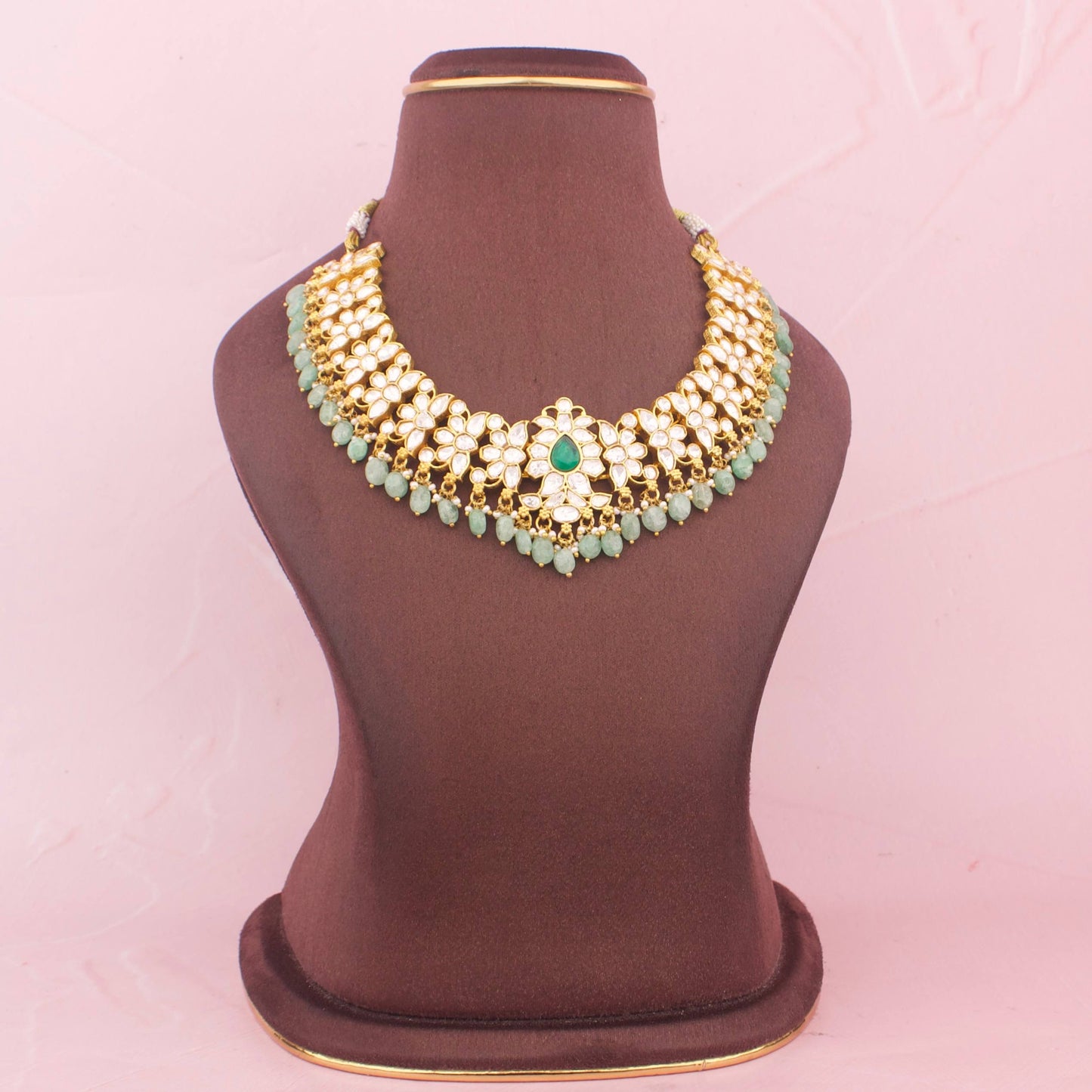 Royal Moissanite Polki Short Necklace with Green Beads Hanging - Premium Indian Ethnic Jewelry | Dulhan Jewels