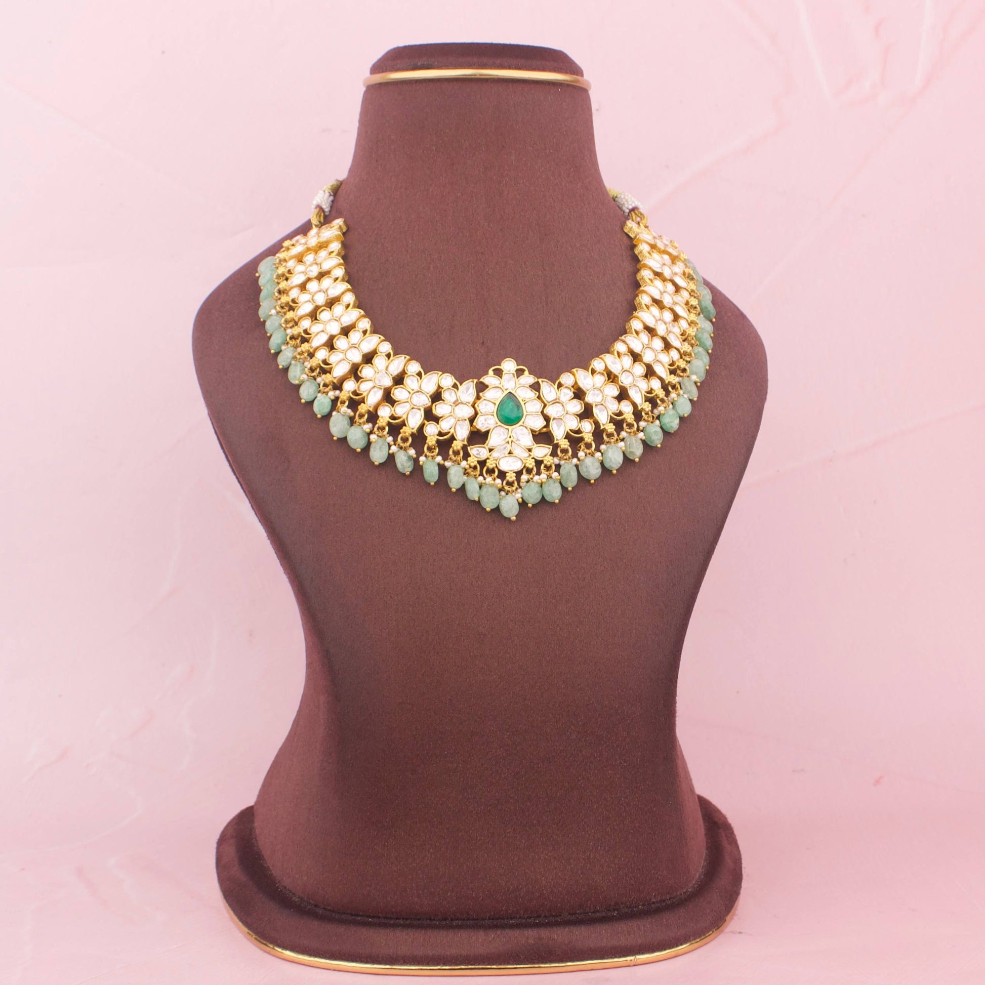 Royal Moissanite Polki Short Necklace with Green Beads Hanging - Premium Indian Ethnic Jewelry | Dulhan Jewels