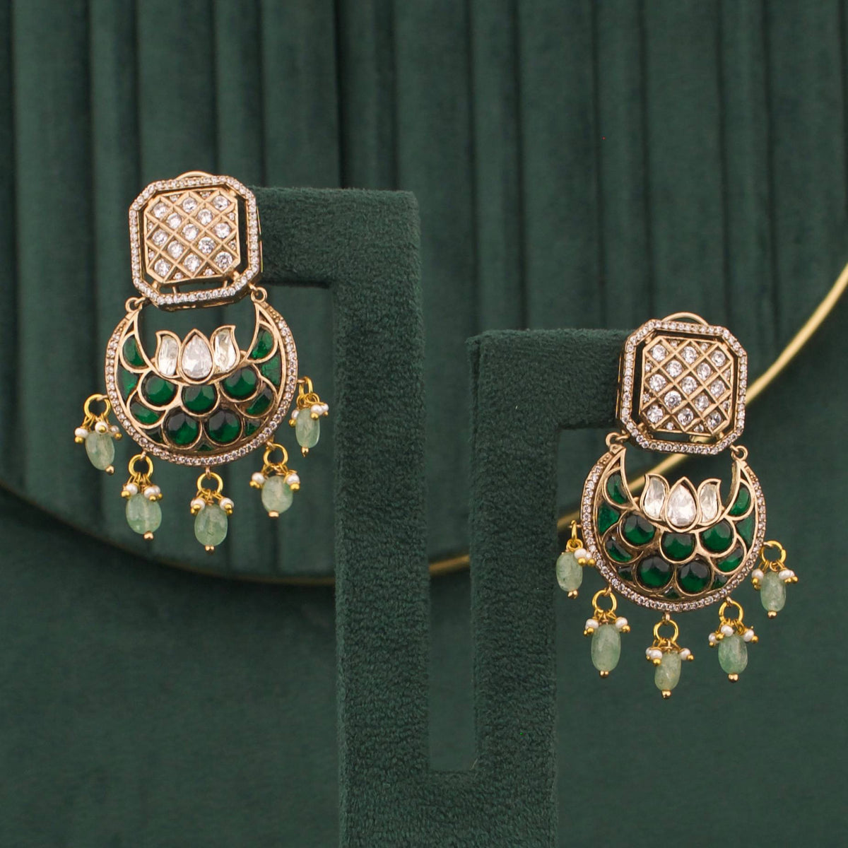 Regal Polki Mehandi Victorian Chand Bali Earrings Close-up Design & Gemstone Detailing - Dulhan Jewels