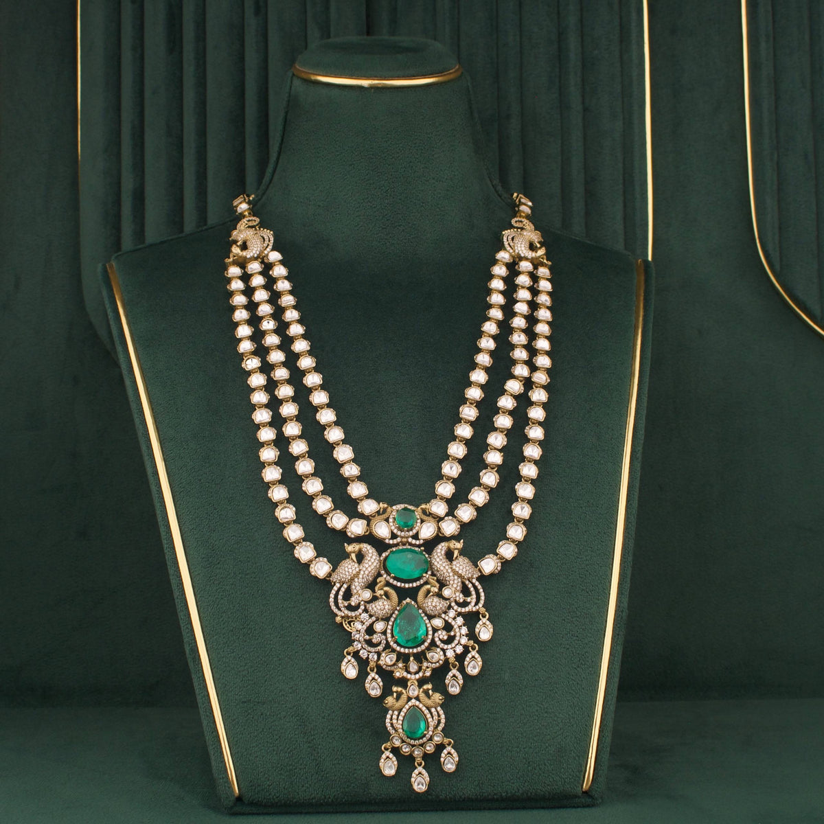 Luxury Victorian Polki Necklace Set With Peacock Motifs And Matching Earrings Craftsmanship & Detail View - Dulhan Jewels