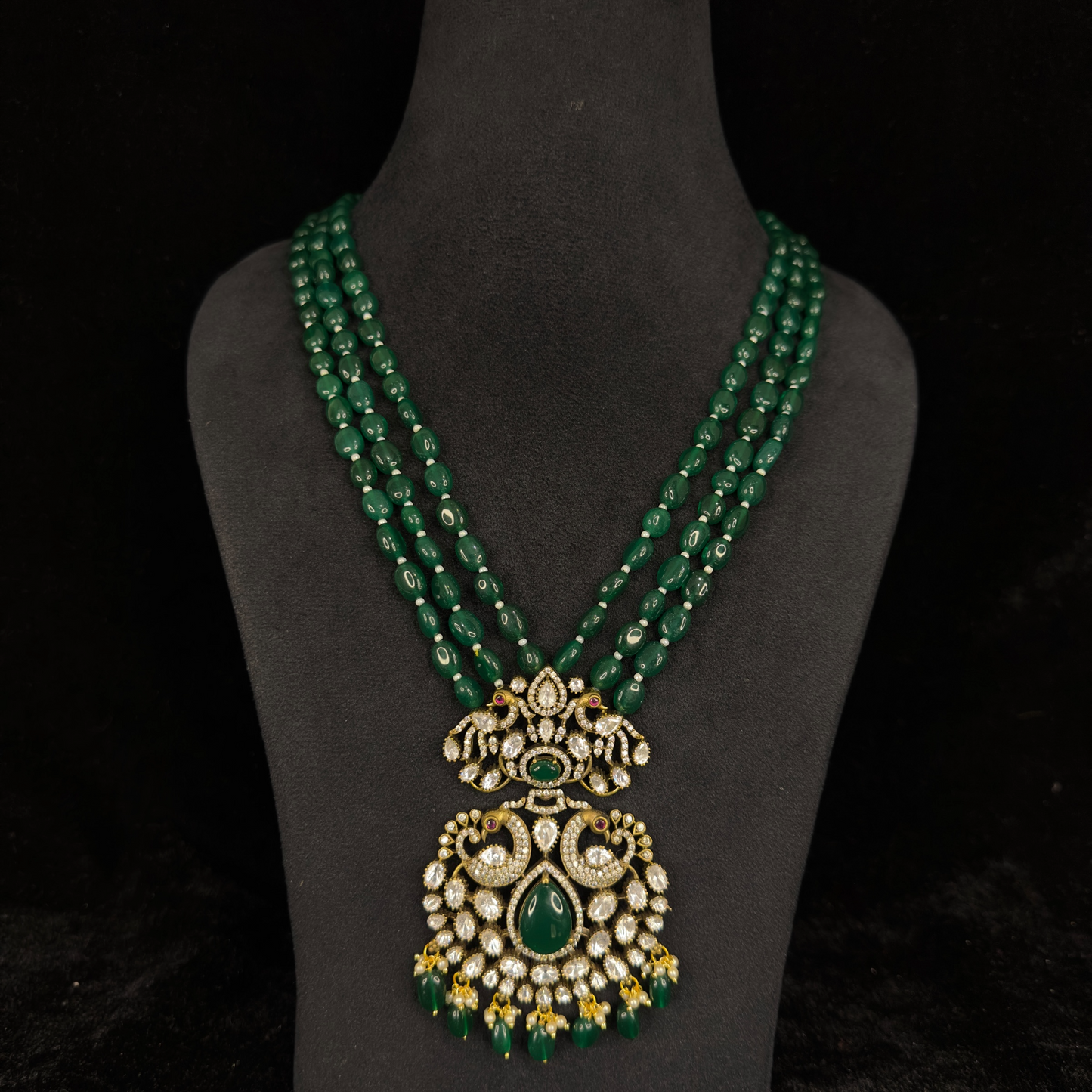 Victorian Bridal Design Onyx beads Mala set with zircon & polki